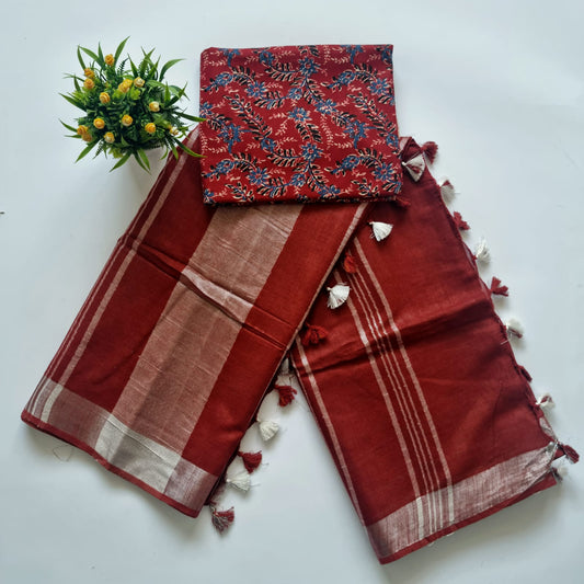 Burgundy red plain linen saree with cotton blouse