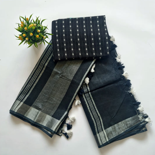 Black plain linen saree with black blouse