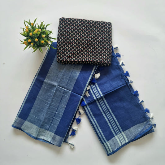 Sky Blue Linen Saree with Classic Print Blouse