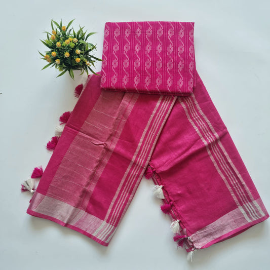 Brink pink plain linen saree